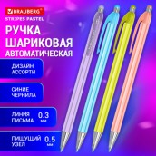 Ручка шариковая автоматическая BRAUBERG "Stripes Pastel", СИНЯЯ, корпус ассорти, пишущий узел 0,5 мм, линия письма 0,3 мм, 144220